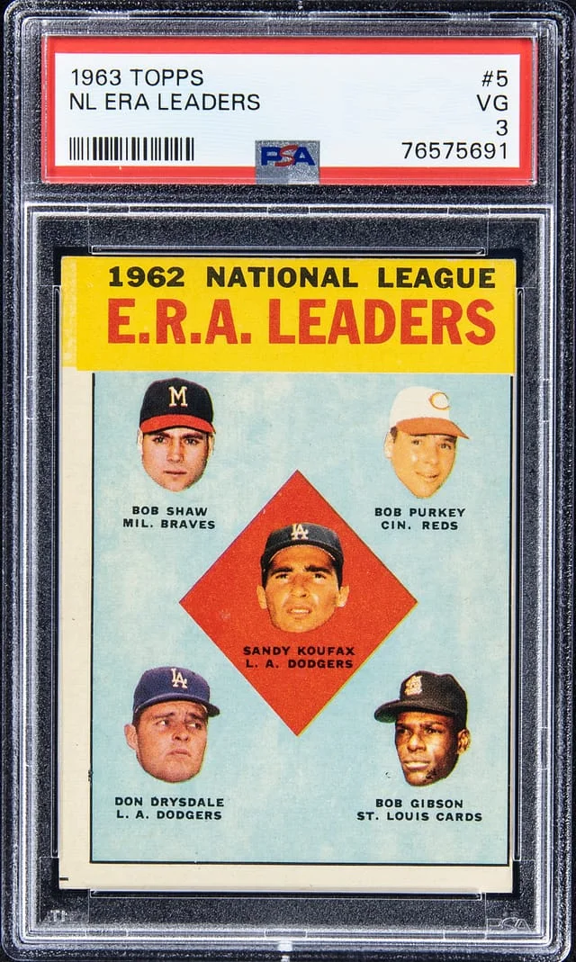 1963 Topps Koufax/Shaw/Purkey/Drysdale/Gibson 1962 NL ERA Leaders #5 card image