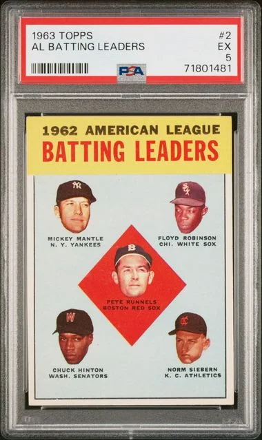 1963 Topps Mantle/Robinson/Runnels/Hinton/Siebern AL Batting Leaders #2 card image