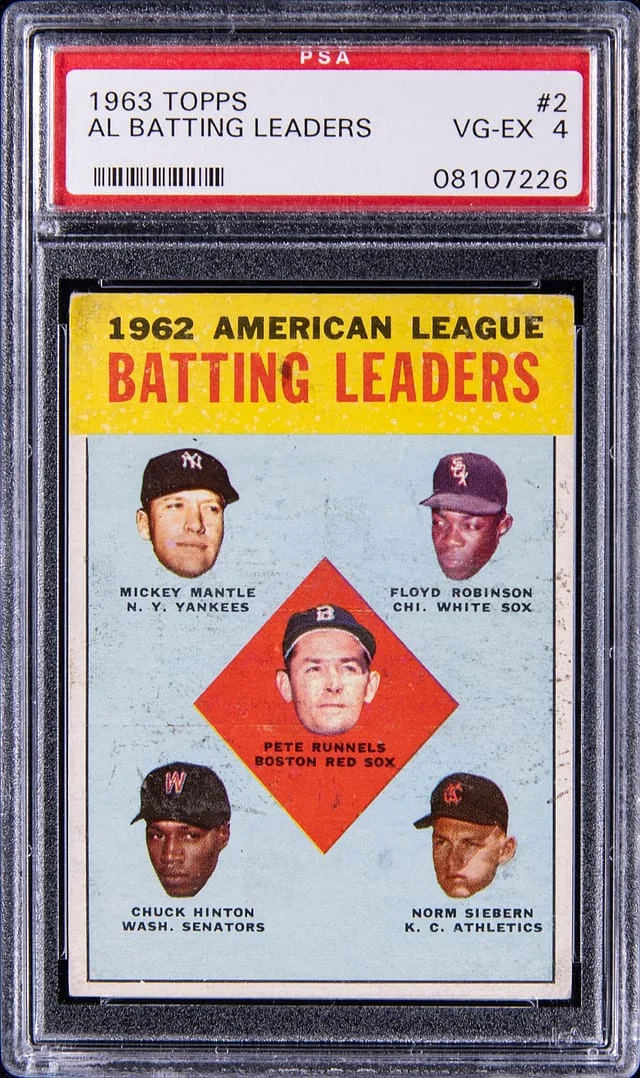 1963 Topps Mickey Mantle/Floyd Robinson/Chuck Hinton/Norm Siebern AL Batting Leaders #2 card image