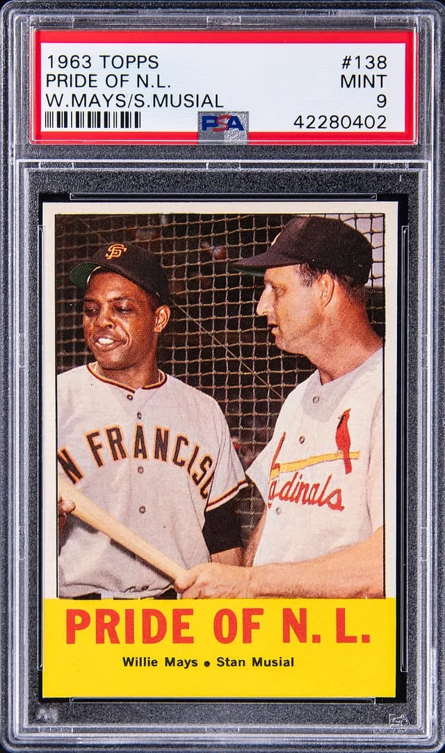 1963 Topps Pride of N.L. Willie Mays/Stan Musial #138 card image