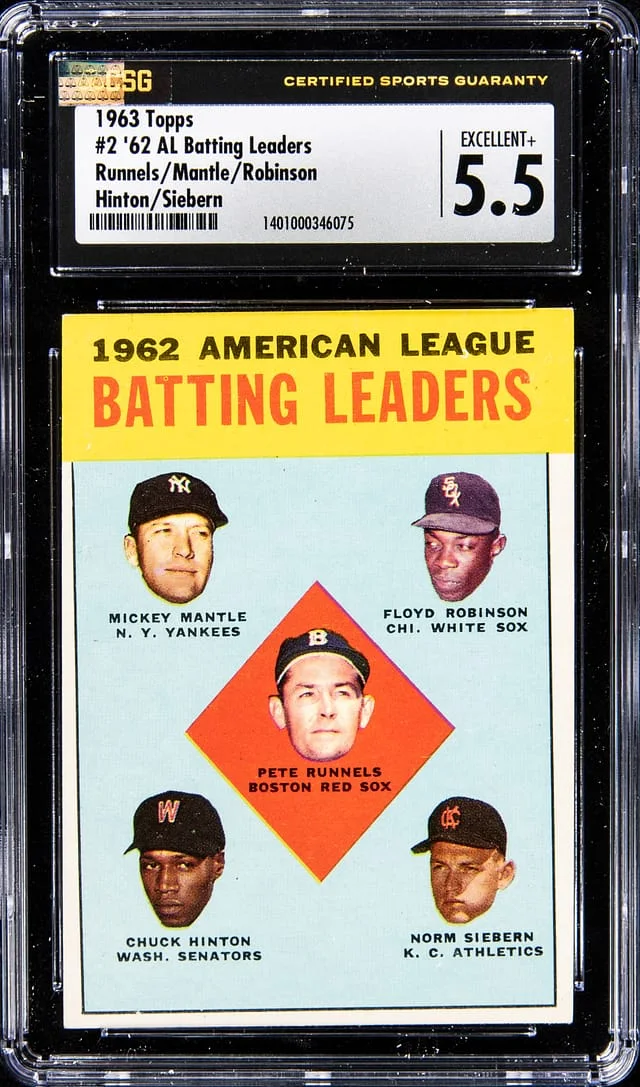 1963 Topps Runnels/Mantle/Floyd Robinson/Hinton/Siebern AL Batting Leaders #2 card image
