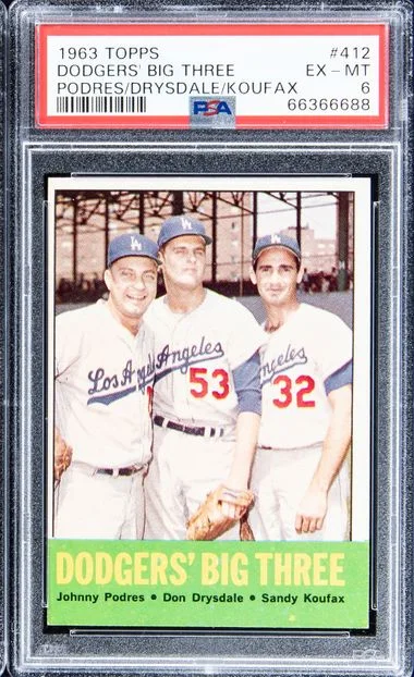 1963 Topps Sandy Koufax/Don Drysdale/Johnny Podres Dodgers' Big Three #412 card image