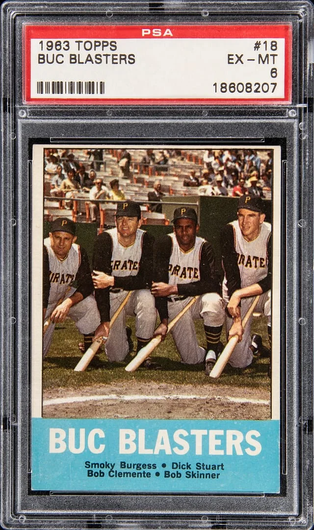 1963 Topps Smoky Burgess, Dick Stuart, Bob Clemente, Bob Skinner Bucs Blasters #18 card image