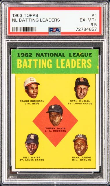 1963 Topps Stan Musial/Frank Robinson/Tommy Davis/Hank Aaron/Bill NL Batting Leaders #1 card image