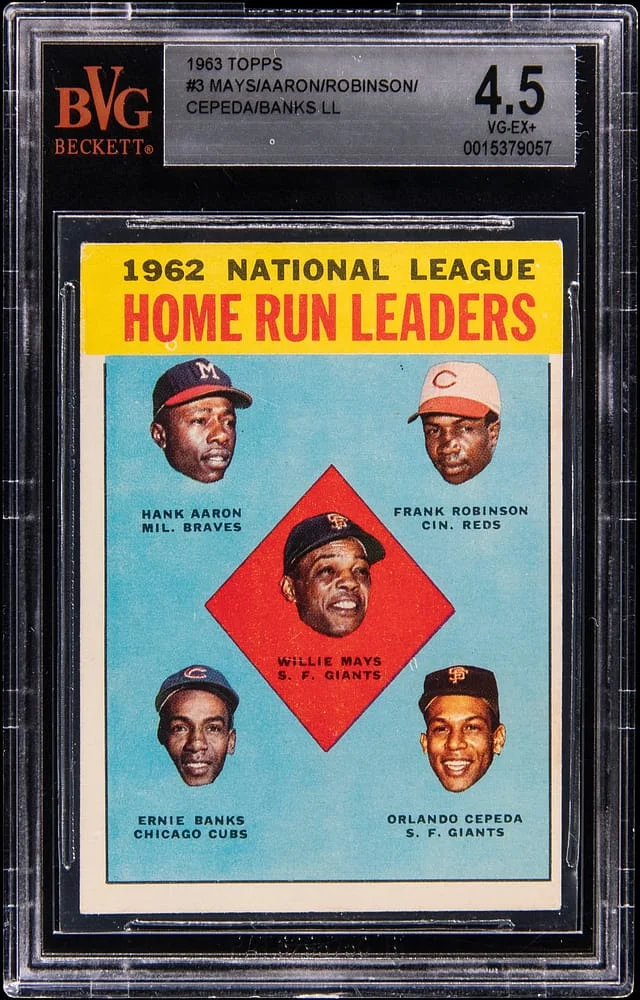 1963 Topps Willie Mays/Hank Aaron/Frank Robinson/Ernie Banks/Orlando Cepeda Home Run Leaders #3 card image