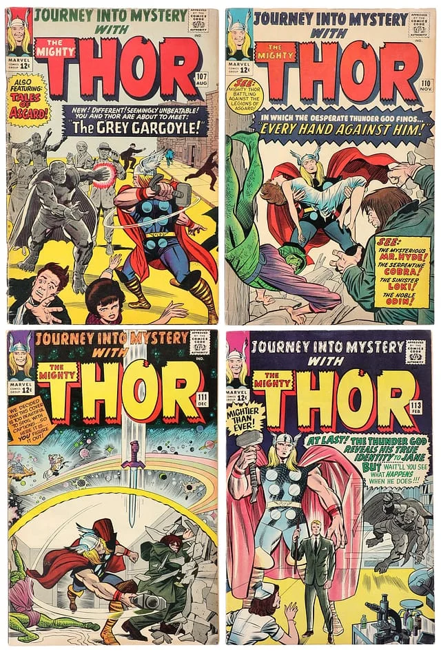 1964-65 Marvel) 4 Books - Raw - 1st Appearance Grey Gargoyle, 1st Appearance Karnilla, Cover Appearance Balder, Origin of Loki #1st card image
