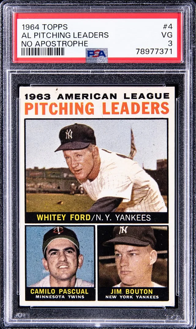 1964 Topps Ford/Pascual/Bouton AL Pitching Leaders #4 card image