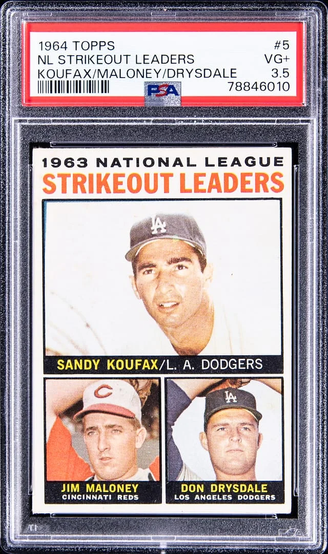 1964 Topps Koufax/Maloney/Drysdale NL Strikeout Leaders #5 card image