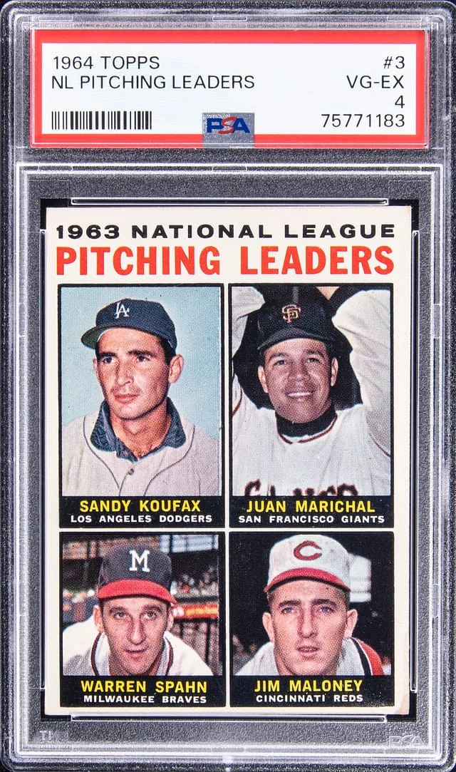 1964 Topps Koufax/Marichal/Spahn/Maloney NL Pitching Leaders #3 card image