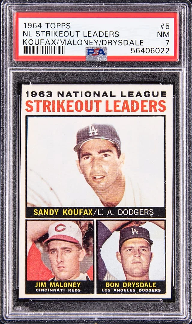 1964 Topps Sandy Koufax, Jim Maloney, Don Drysdale NL Strikeout Leaders #5 card image