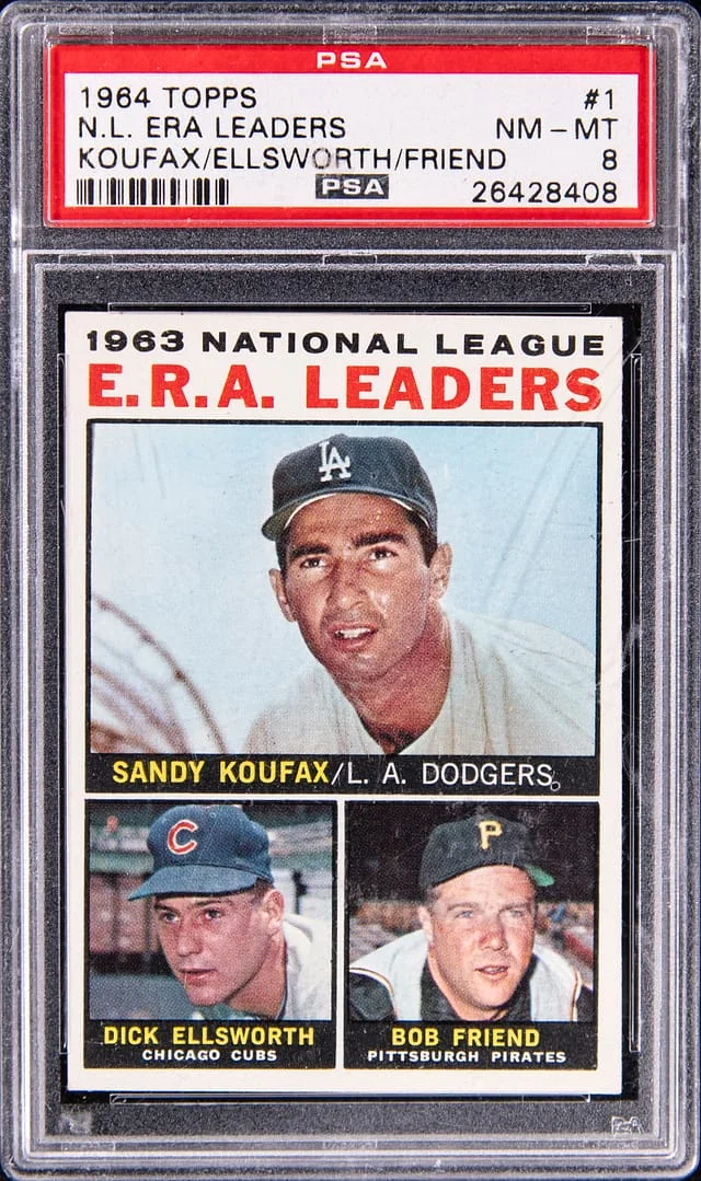 1964 Topps Sandy Koufax/Dick Ellsworth/Bob Friend NL ERA Leaders #1 card image
