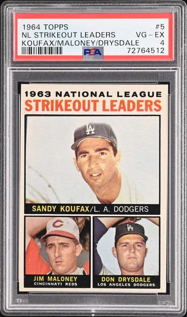1964 Topps Sandy Koufax/Jim Maloney/Don Drysdale NL Strikeout Leaders #5 card image