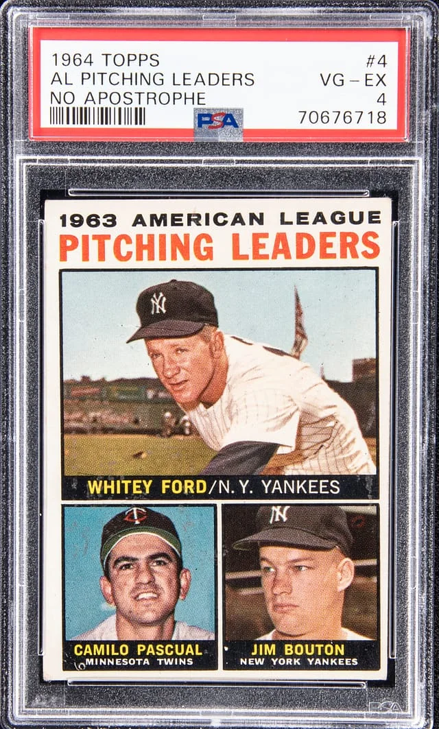 1964 Topps Whitey Ford/Camilo Pascual/Jim Bouton American League Pitching Leaders No Apostrophe #4 card image