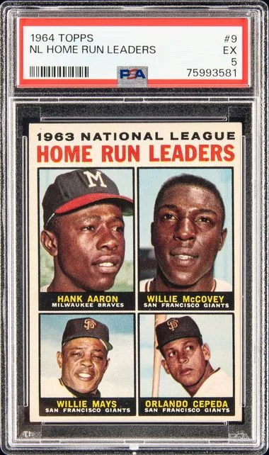 1964 Topps Willie Mays/Willie McCovey/Hank Aaron/Orlando Cepeda NL Home Run Leaders #9 card image