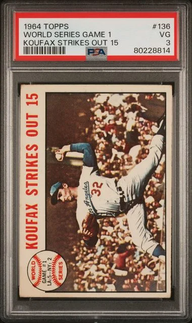 1964 Topps World Series Game 1 Koufax Strikes Out 15 #136 card image