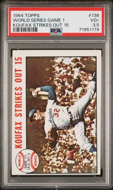1964 Topps World Series Game 1, Koufax Strikes Out 15 #136 card image