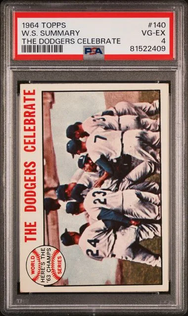 1964 Topps W.S. Summary The Dodgers Celebrate #140 card image