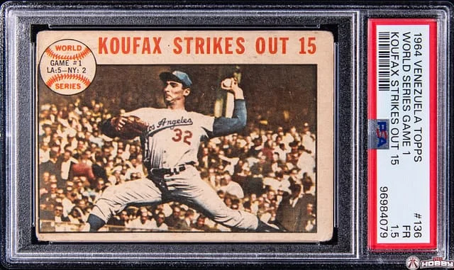 1964 Venezuela Topps World Series Game 1 Sandy Koufax Strikes Out 15 #136 card image