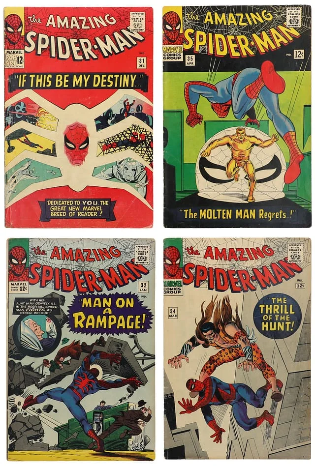 1965-66 Marvel) 4 Books - Raw - 1st Appearance of Gwen Stacy, Harry Osborn, Use of the Word 'Thwip' When Activating Spider-Man's Web-Shooters #1st card image
