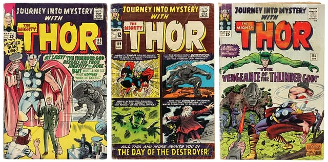 1965 Marvel) 3 Books - Raw - Origin of Loki, 1st Team Appearance of the Warriors Three, Appearance of the Absorbing Man, the Destroyer #2nd card image