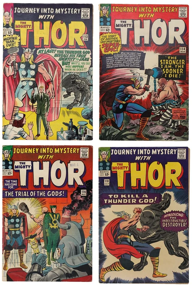 1965 Marvel) 4 Books - Raw - 1st Appearance of Absorbing Man, Fenris Wolf, Idunn, 1st Appearance, Cover of the Destroyer, Appearance of Medusa #3rd card image