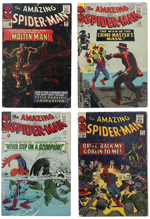 1965 Marvel) 4 Books - Raw - 1st Appearance, Origin of Molten Man, 1st Appearance of Bennett Brant (Crime Master), Appearance of Scorpion #2nd card image