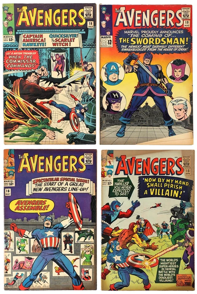 1965 Marvel) 4 Books - Raw - Death of Baron Zemo, Appearance of Swordsman, Origin of Hawkeye, New Avengers Team Forms #1st card image