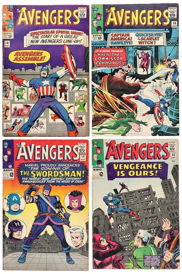 1965 Marvel) 4 Books - Raw - Hawkeye, Scarlet Witch, Quicksilver Join the Avengers, 3rd Appearance of Kang, Appearance of Swordsman #1st card image