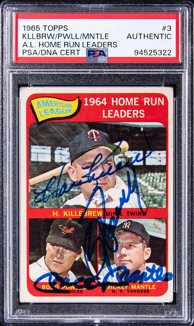 1965 Topps AL Home Run Leaders Mickey Mantle/Harmon Killebrew/Boog Powell Multi-Signed #3 card image