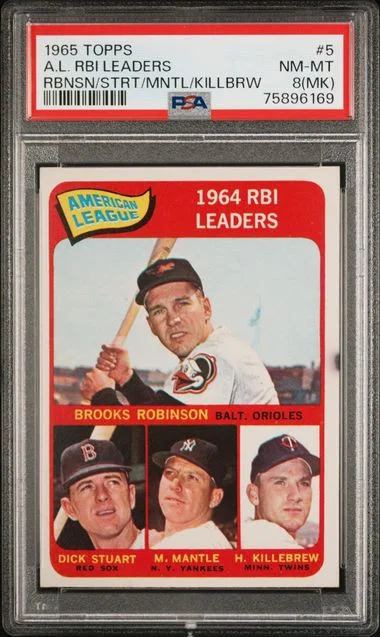 1965 Topps A.L. RBI Leaders Robinson/Stuart/Mantle/Killebrew #5 card image