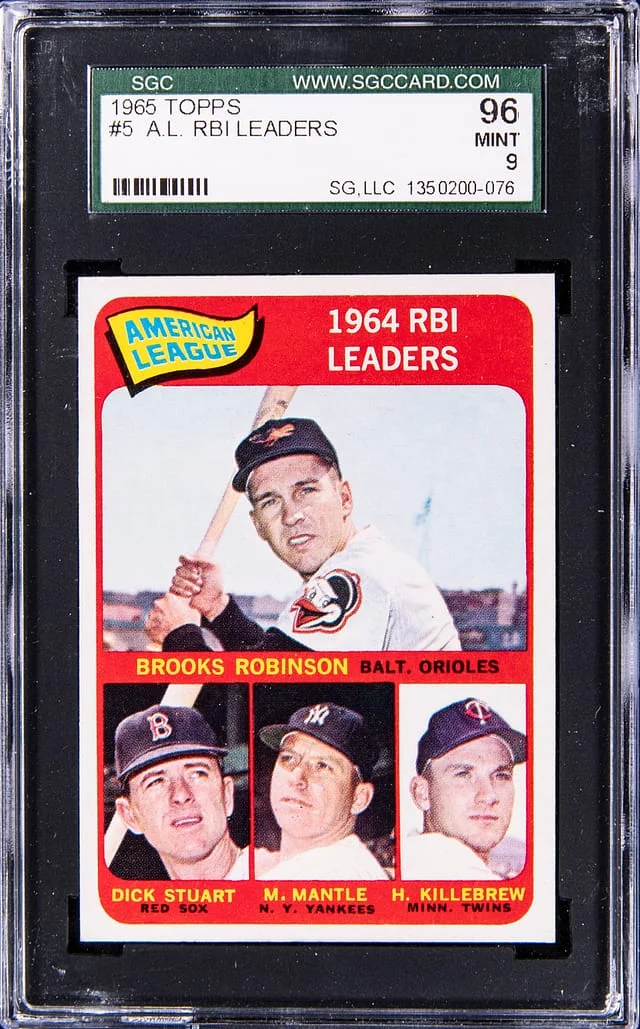 1965 Topps AL RBI Leaders Brooks Robinson/Dick Stuart/Mickey Mantle/Harmon Killebrew #5 card image