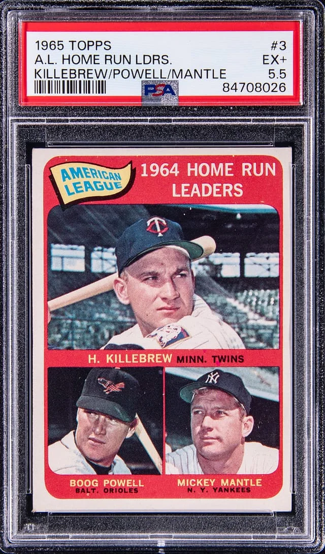 1965 Topps Harmon Killebrew/Boog Powell/Mickey Mantle A.L. Home Run Leaders #3 card image