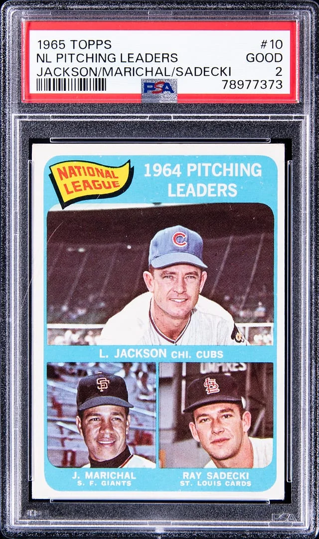 1965 Topps Jackson/Marichal/Sadecki NL Pitching Leaders #10 card image