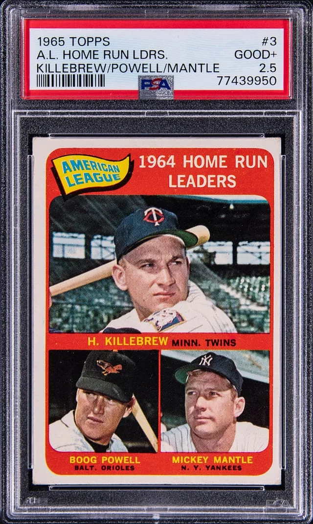 1965 Topps Killebrew, Powell, Mantle A.L Home Run Leaders #3 card image
