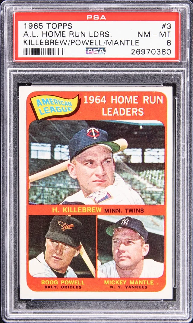 1965 Topps Killebrew/Powell/Mantle A.L. Home Run Leaders #3 card image