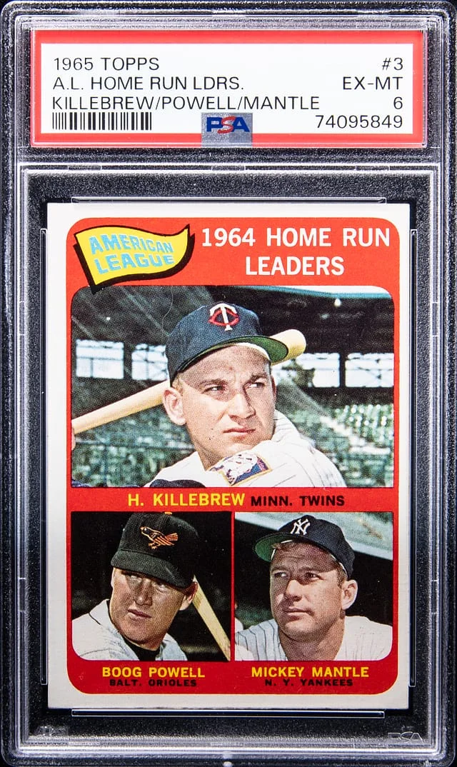 1965 Topps Mickey Mantle, Harmon Killebrew, Boog Powell A.L Home Run Leaders #3 card image