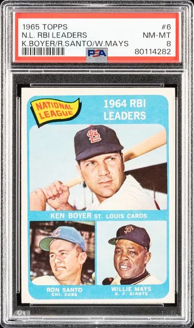 1965 Topps N.L. K.Boyer/R.Santo/W.Mays RBI Leaders #6 card image