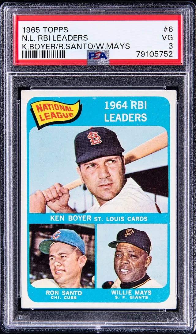 1965 Topps N.L. Rbi Leaders K.Boyer/R.Santo/W.Mays #6 card image