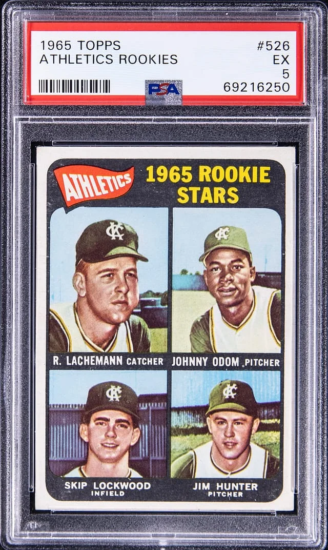 1965 Topps Rene Lachemann, Johnny Odom, Skip Lockwood, Tim Hunter Athletics Rookies #526 card image