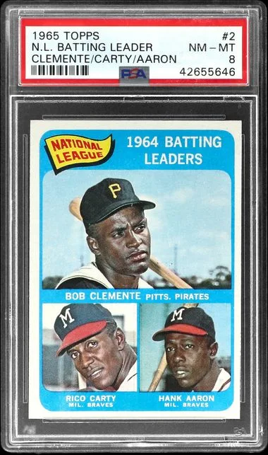 1965 Topps Roberto Clemente/Rico Carty/ Hank Aaron N.L. Batting Leader #2 card image