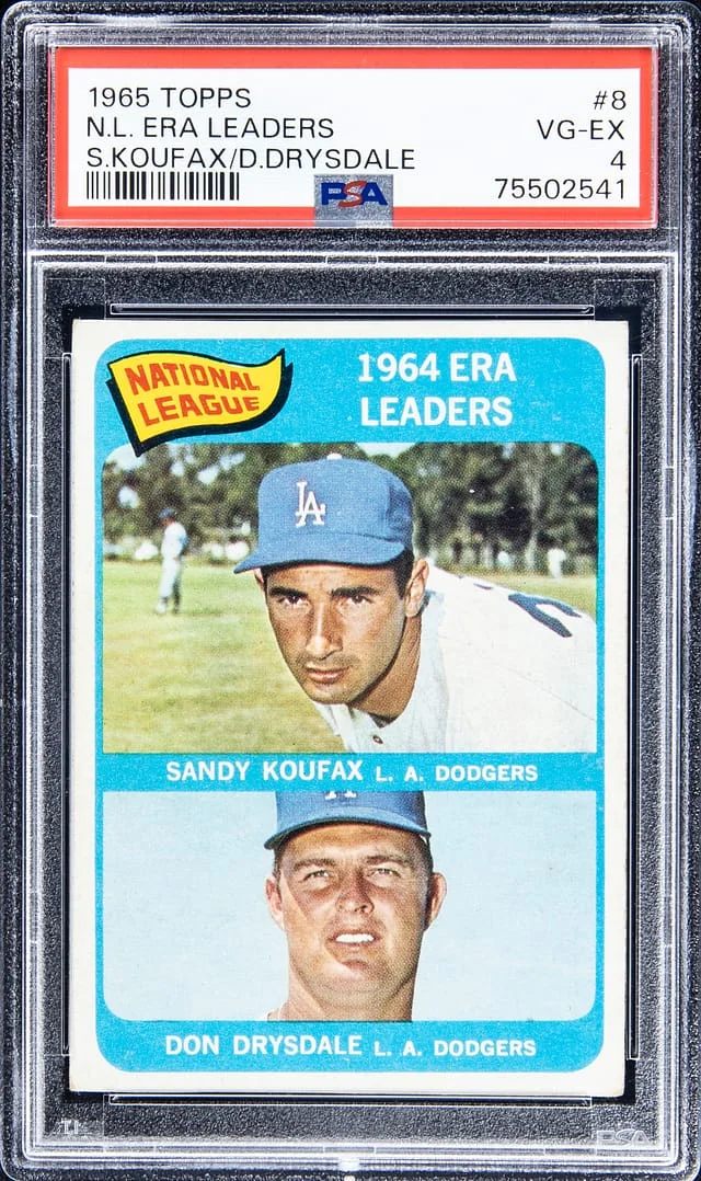 1965 Topps Sandy Koufax/Don Drysdale National League ERA Leaders #8 card image