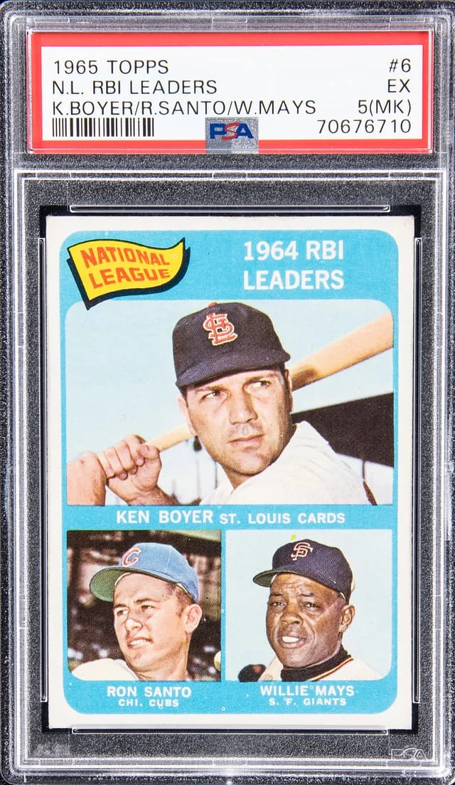 1965 Topps Willie Mays/Ron Santo/Ken Boyer 1964 National League RBI Leaders #6 card image