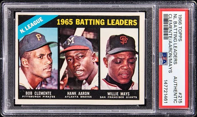 1966 Topps Bob Clemente/Hank Aaron/Willie Mays National League Batting Leaders #215 card image
