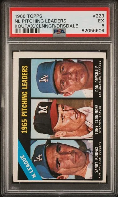 1966 Topps Koufax/Cloninger/Drysdale NL Pitching Leaders #223 card image