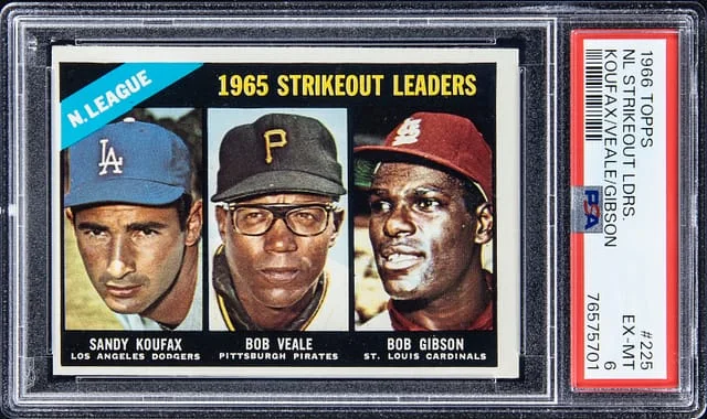 1966 Topps Koufax/Veale/Gibson 1965 NL Strikeout Leaders #225 card image