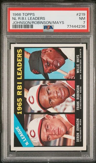 1966 Topps Nl R.B.I. Leaders Johnson/Robinson/Mays #219 card image