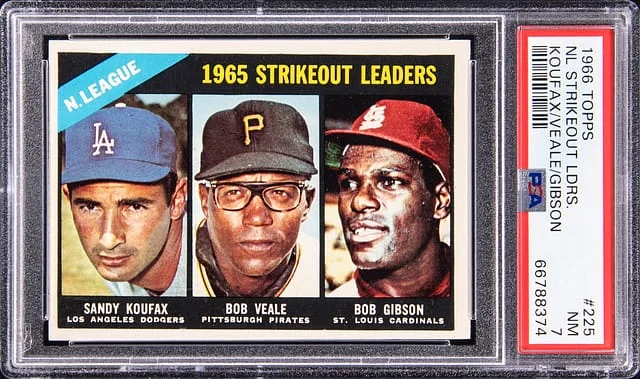 1966 Topps Sandy Koufax, Bob Veale, Bob Gibson N.L. Strikeout Leaders #225 card image