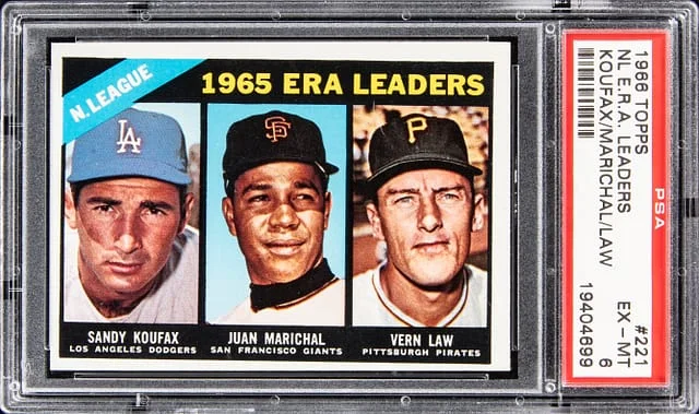 1966 Topps Sandy Koufax/Juan Marichal/Vern Law NL E.R.A Leaders #221 card image