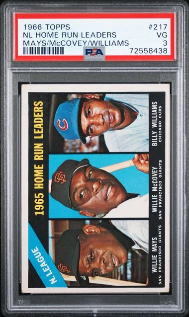 1966 Topps Willie Mays/Willie McCovey/Billy Williams NL Home Run Leaders #217 card image