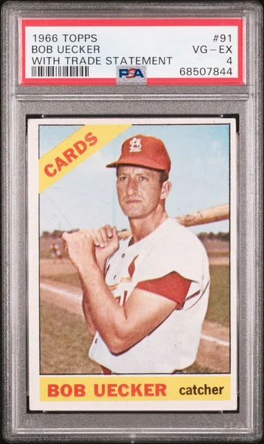 1966 Topps, With Trade Statement Bob Uecker #91 card image
